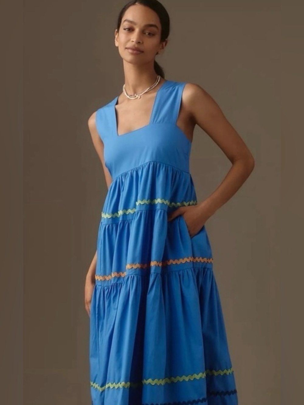Anthropologie Helena Square-Neck Tiered Midi Dress Smocked Scallop Blue Size S